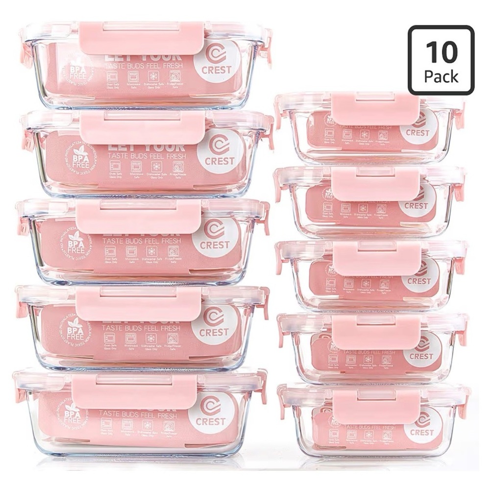 Crest 10-Pack Glass Food Storage Containers with Pink Lids